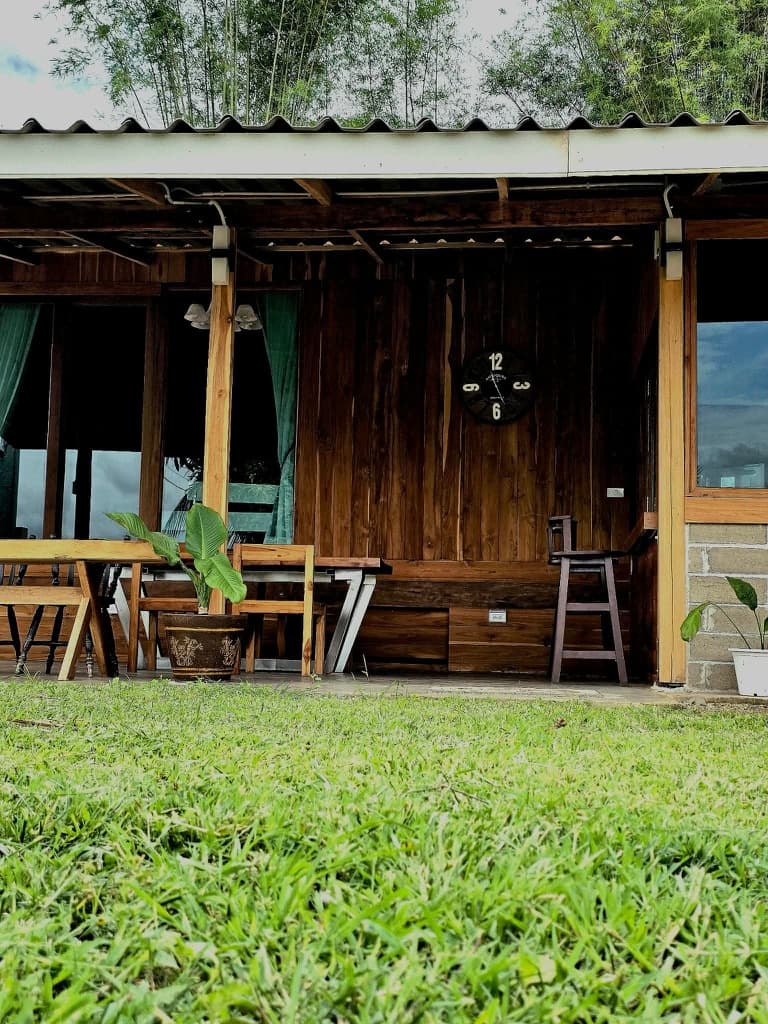 Teak porch at twilight.